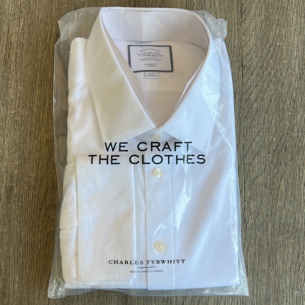 New in bag British Charles Tyrwhitt white classic fit non-iron shirt.